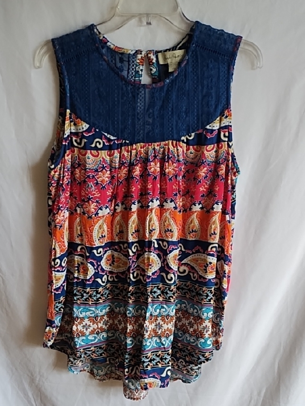Charlie Paige Navy Lace Yoke Multicolor Paisley Tank